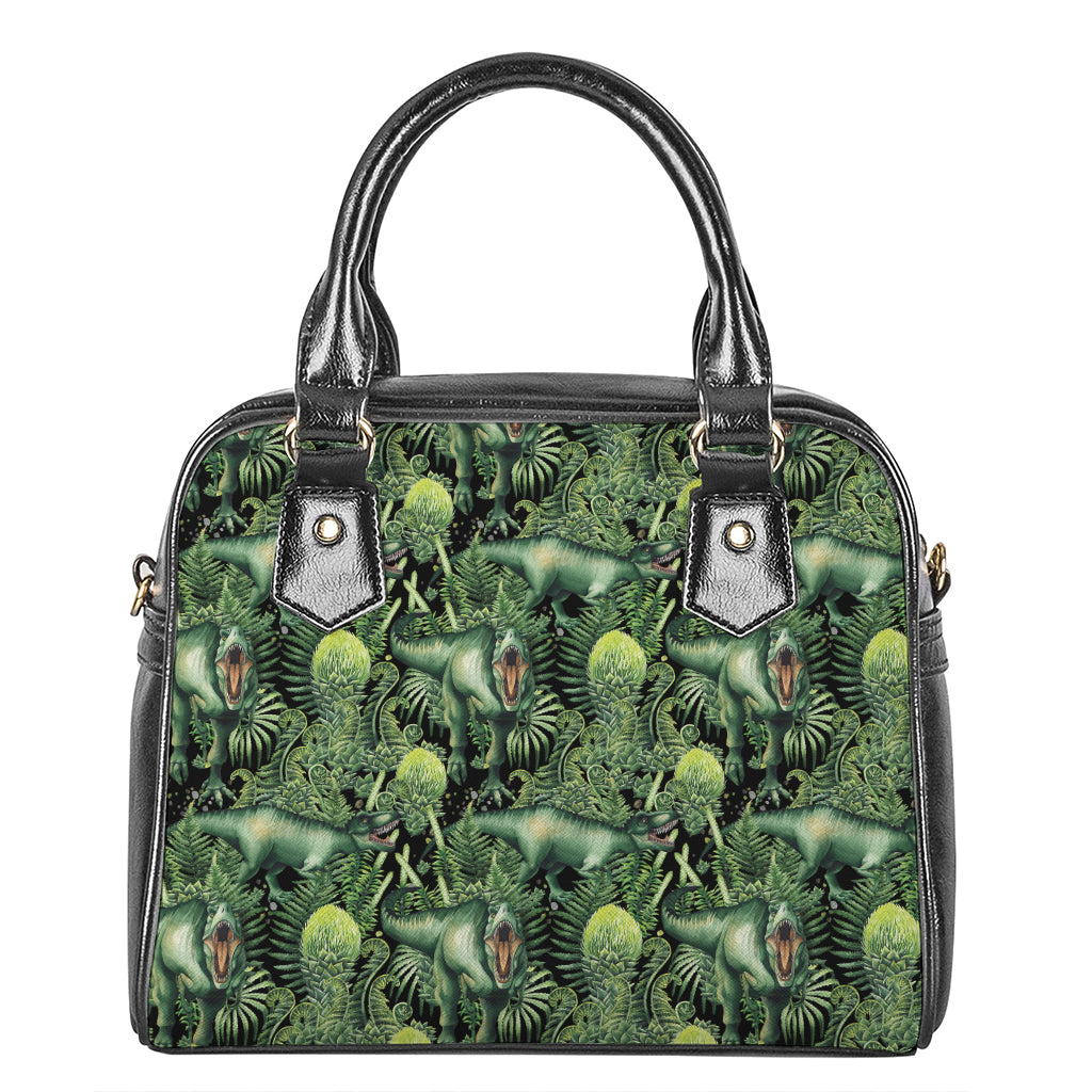 T-Rex Dinosaur And Jurassic Plants Print Shoulder Handbag