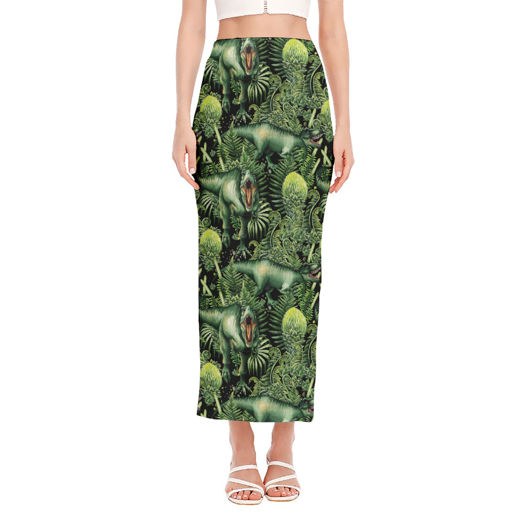 T-Rex Dinosaur And Jurassic Plants Print Side Slit Maxi Skirt