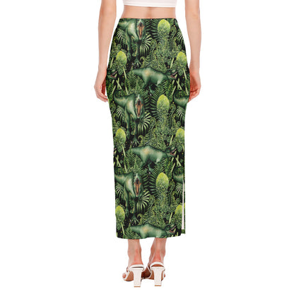 T-Rex Dinosaur And Jurassic Plants Print Side Slit Maxi Skirt
