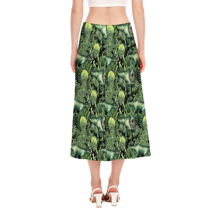 T-Rex Dinosaur And Jurassic Plants Print Side Slit Midi Skirt