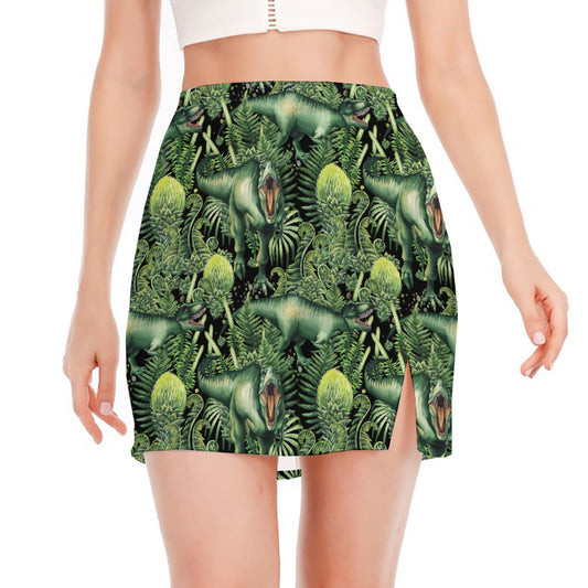 T-Rex Dinosaur And Jurassic Plants Print Side Slit Mini Skirt