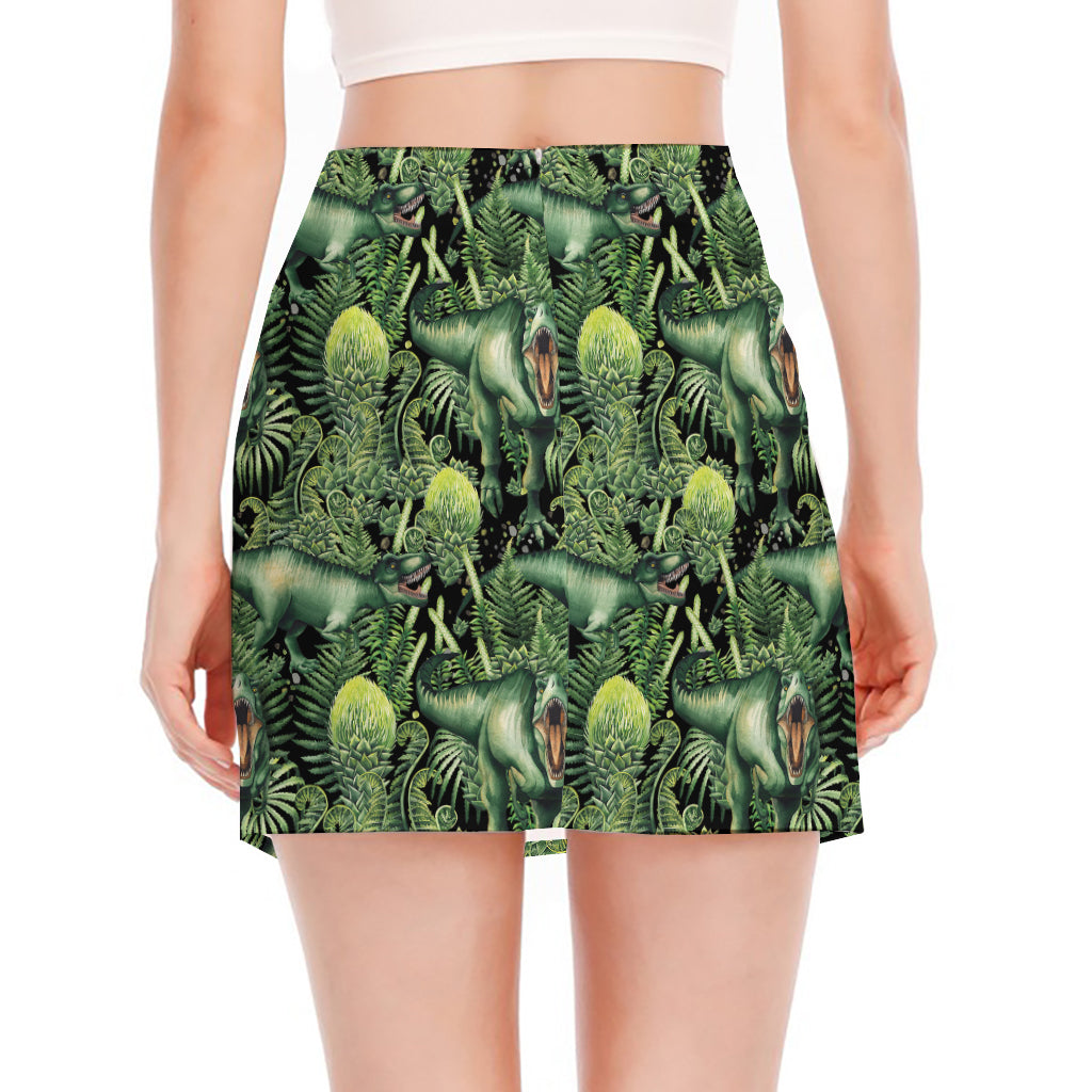 T-Rex Dinosaur And Jurassic Plants Print Side Slit Mini Skirt