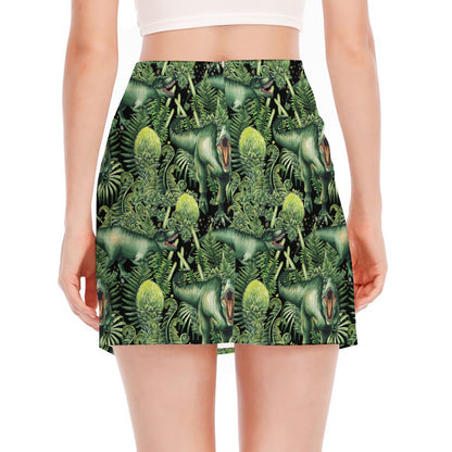 T-Rex Dinosaur And Jurassic Plants Print Side Slit Mini Skirt
