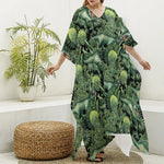 T-Rex Dinosaur And Jurassic Plants Print Silk V-Neck Kaftan Dress