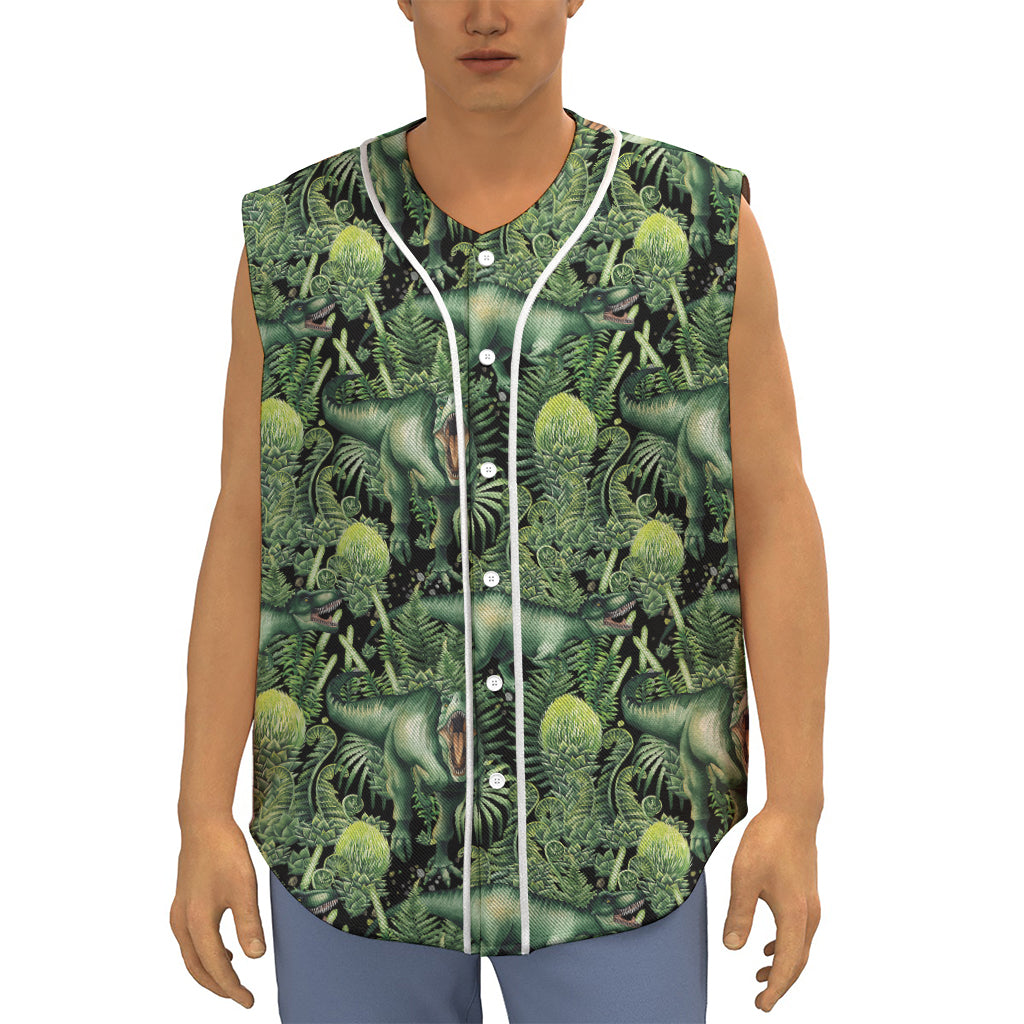 T-Rex Dinosaur And Jurassic Plants Print Sleeveless Baseball Jersey
