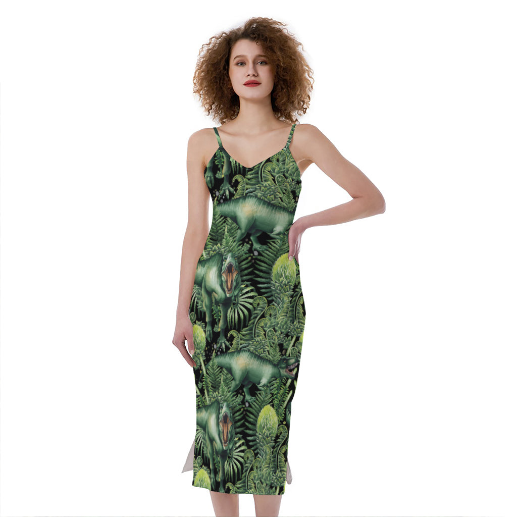 T-Rex Dinosaur And Jurassic Plants Print Slim Fit Midi Cami Dress