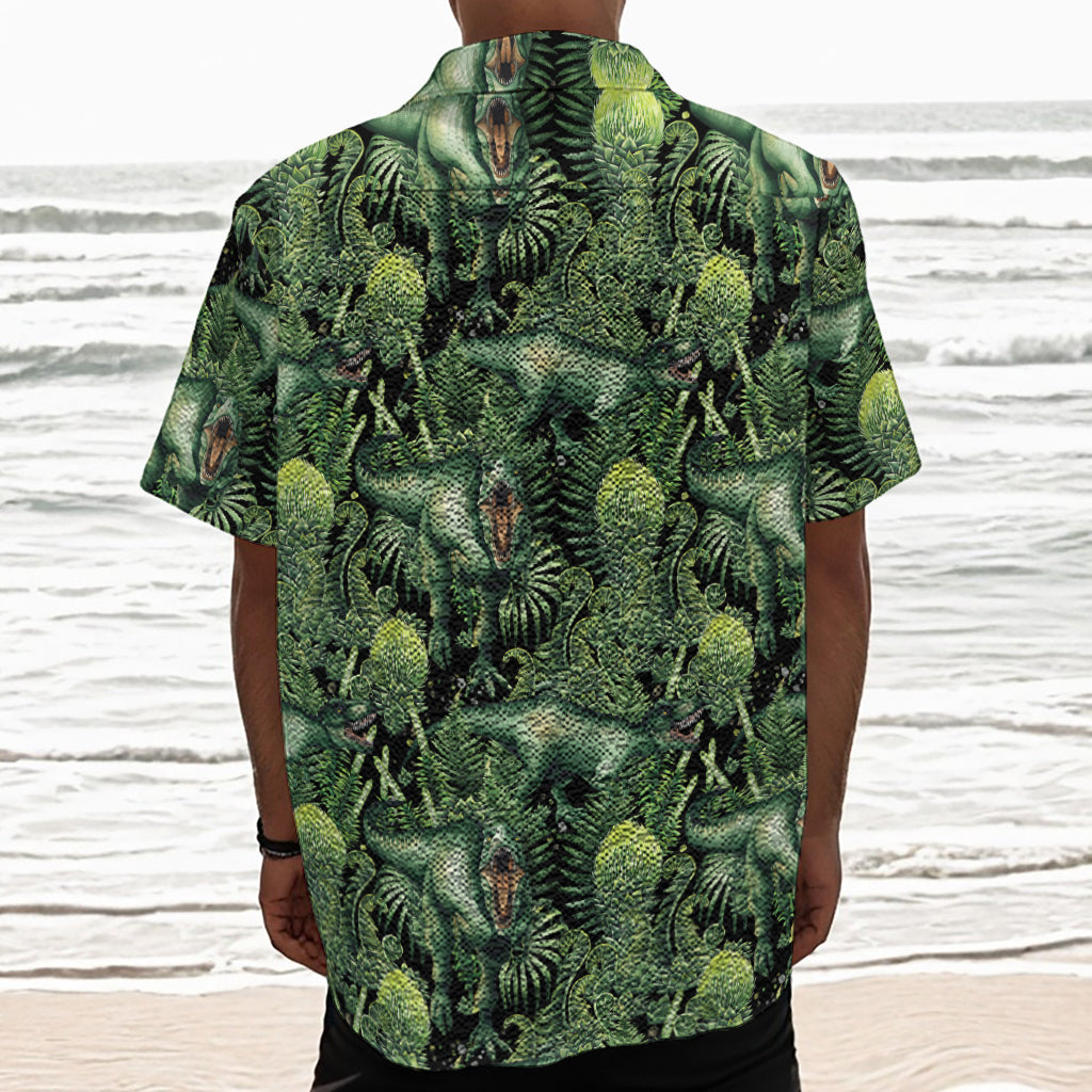 T-Rex Dinosaur And Jurassic Plants Print Textured Short Sleeve Shirt