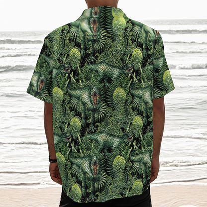 T-Rex Dinosaur And Jurassic Plants Print Textured Short Sleeve Shirt