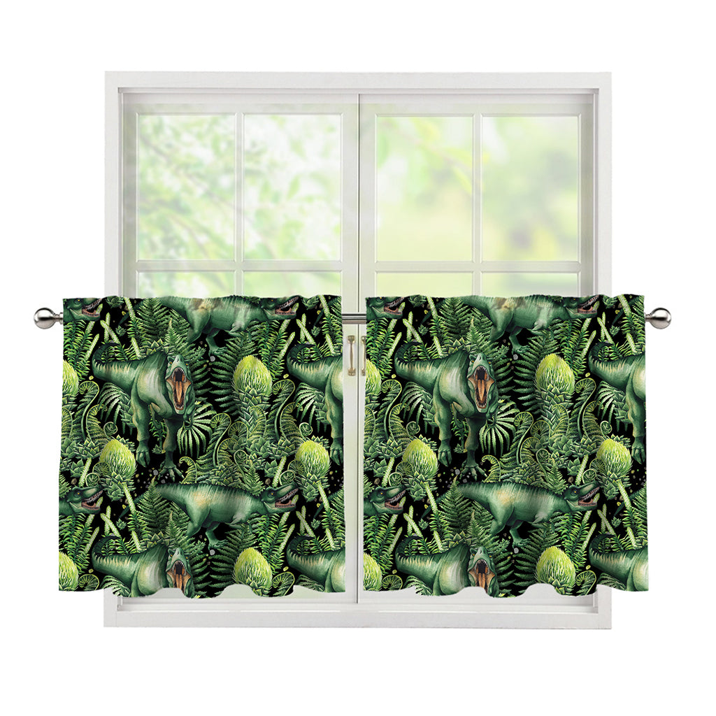 T-Rex Dinosaur And Jurassic Plants Print Tier Curtains
