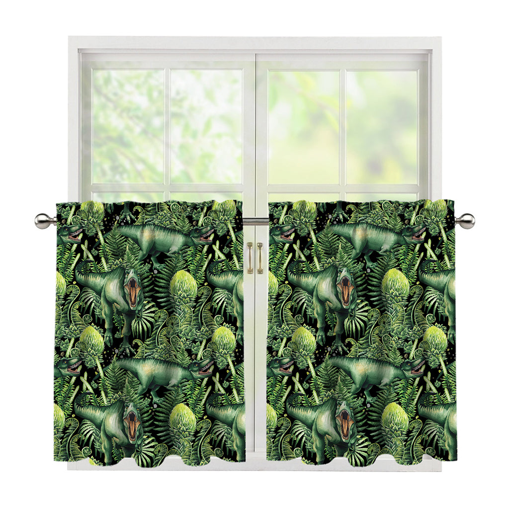 T-Rex Dinosaur And Jurassic Plants Print Tier Curtains