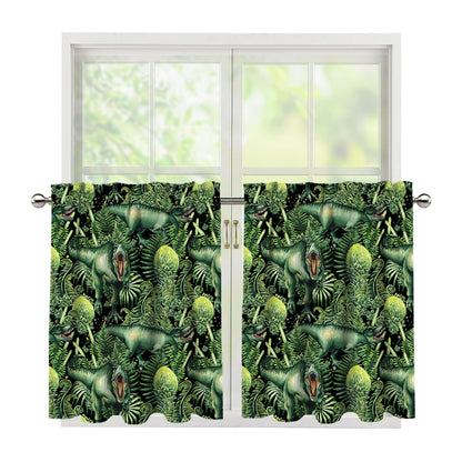 T-Rex Dinosaur And Jurassic Plants Print Tier Curtains