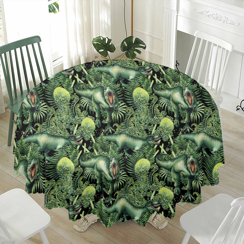 T-Rex Dinosaur And Jurassic Plants Print Waterproof Round Tablecloth
