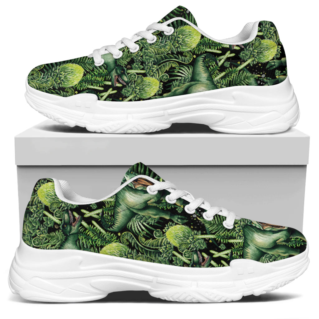 T-Rex Dinosaur And Jurassic Plants Print White Chunky Shoes