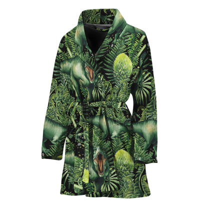 T-Rex Dinosaur And Jurassic Plants Print Women's Bathrobe
