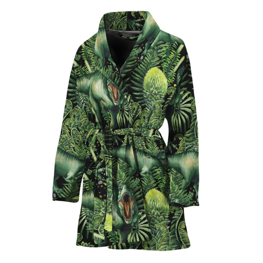 T-Rex Dinosaur And Jurassic Plants Print Women's Bathrobe