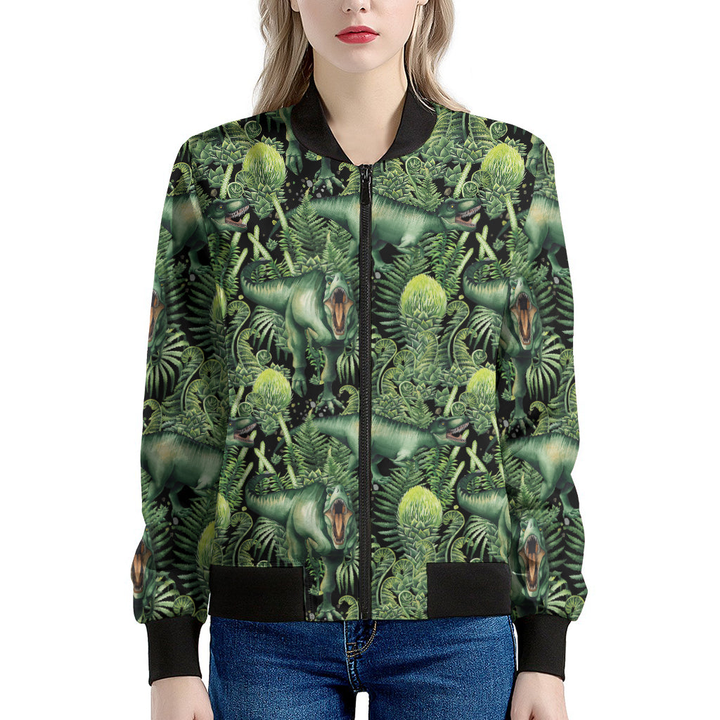 T-Rex Dinosaur And Jurassic Plants Print Women's Bomber Jacket