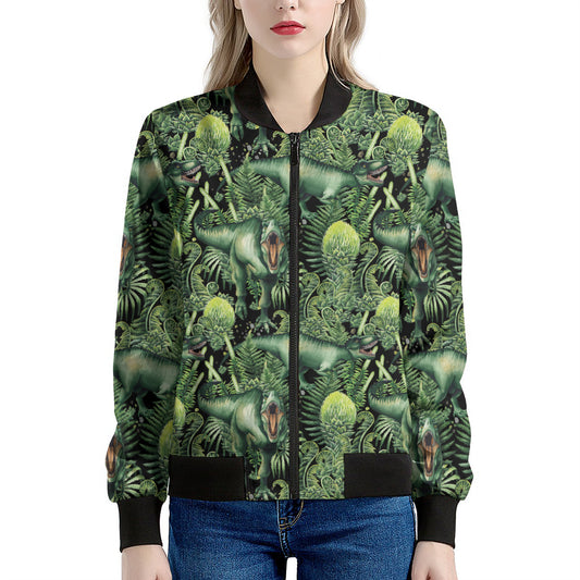 T-Rex Dinosaur And Jurassic Plants Print Women's Bomber Jacket