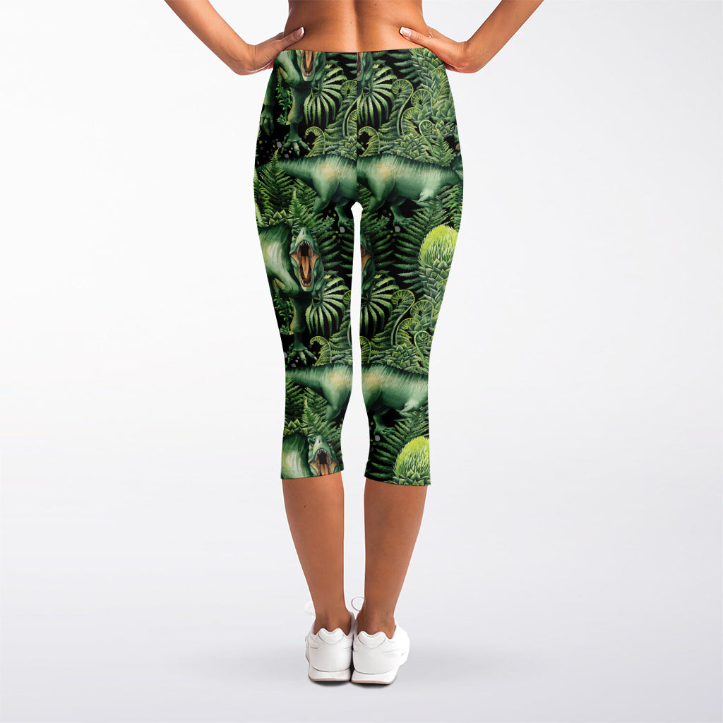 T-Rex Dinosaur And Jurassic Plants Print Women's Capri Leggings