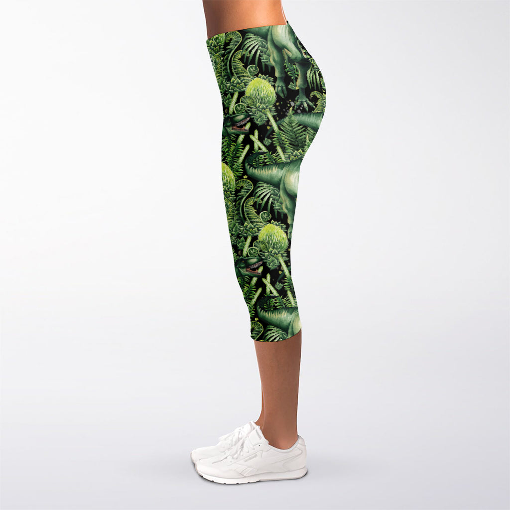 T-Rex Dinosaur And Jurassic Plants Print Women's Capri Leggings