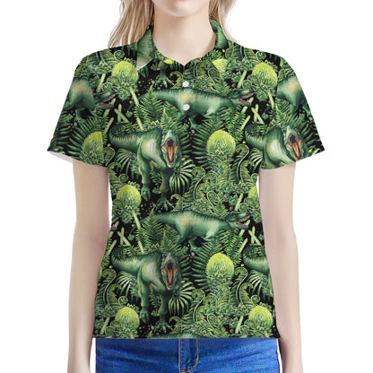 T-Rex Dinosaur And Jurassic Plants Print Women's Polo Shirt