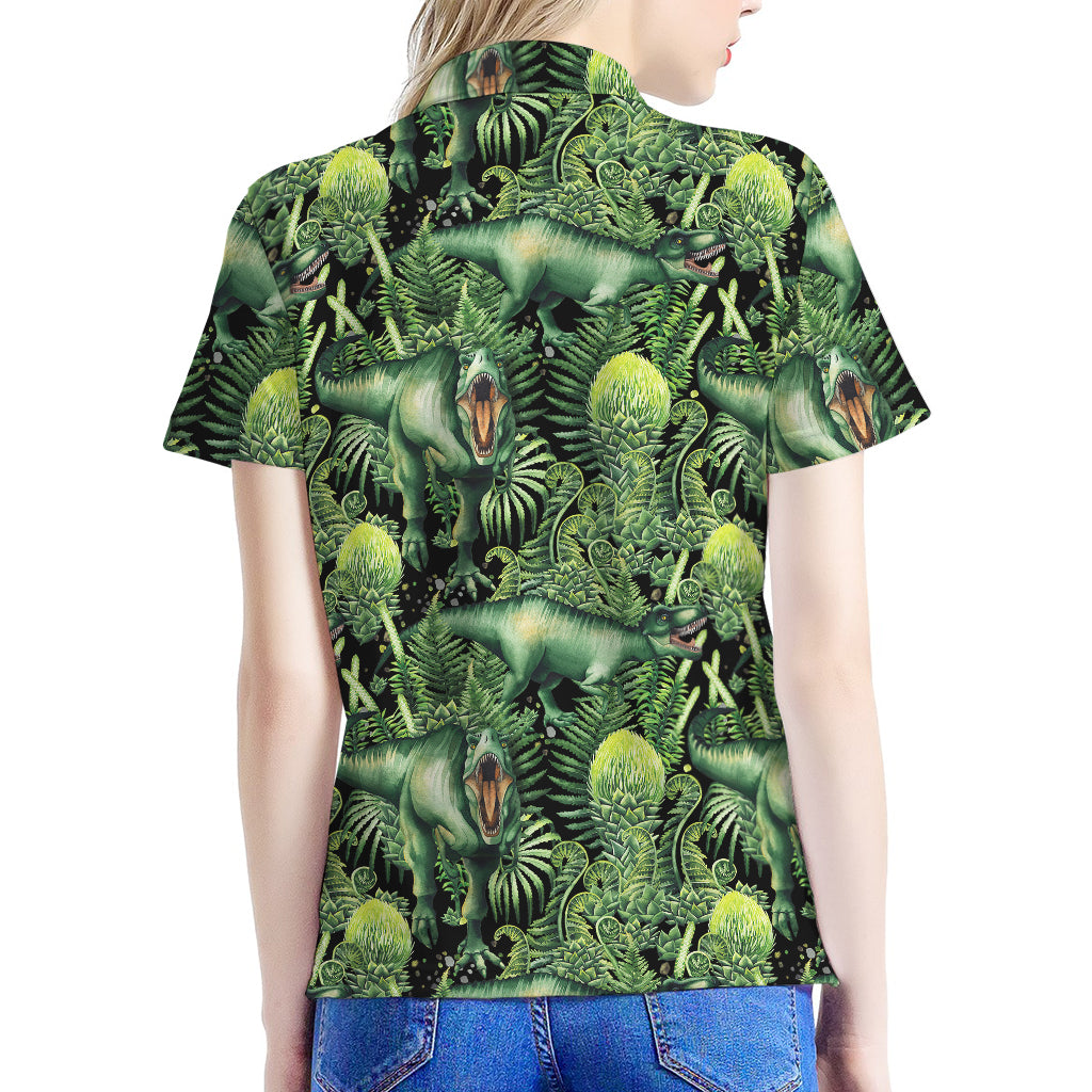 T-Rex Dinosaur And Jurassic Plants Print Women's Polo Shirt
