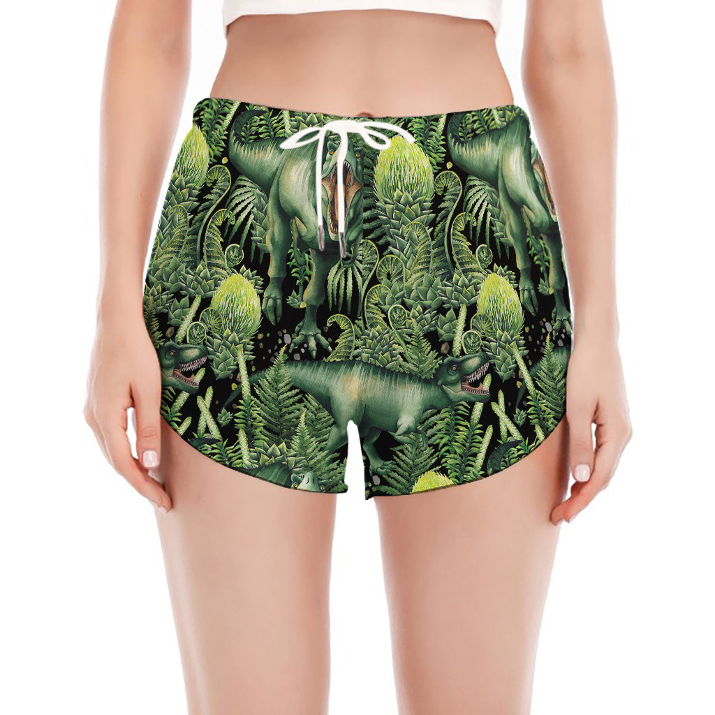 T-Rex Dinosaur And Jurassic Plants Print Women's Split Running Shorts