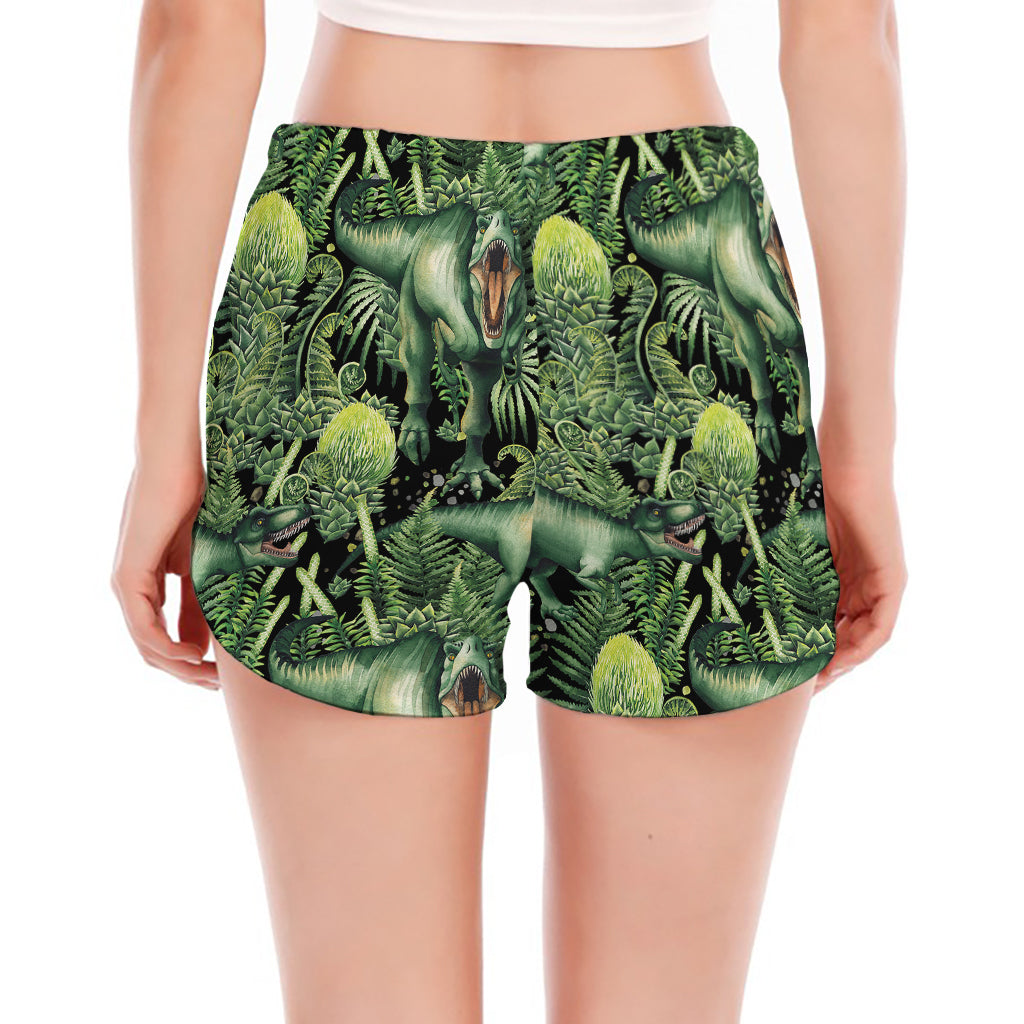 T-Rex Dinosaur And Jurassic Plants Print Women's Split Running Shorts