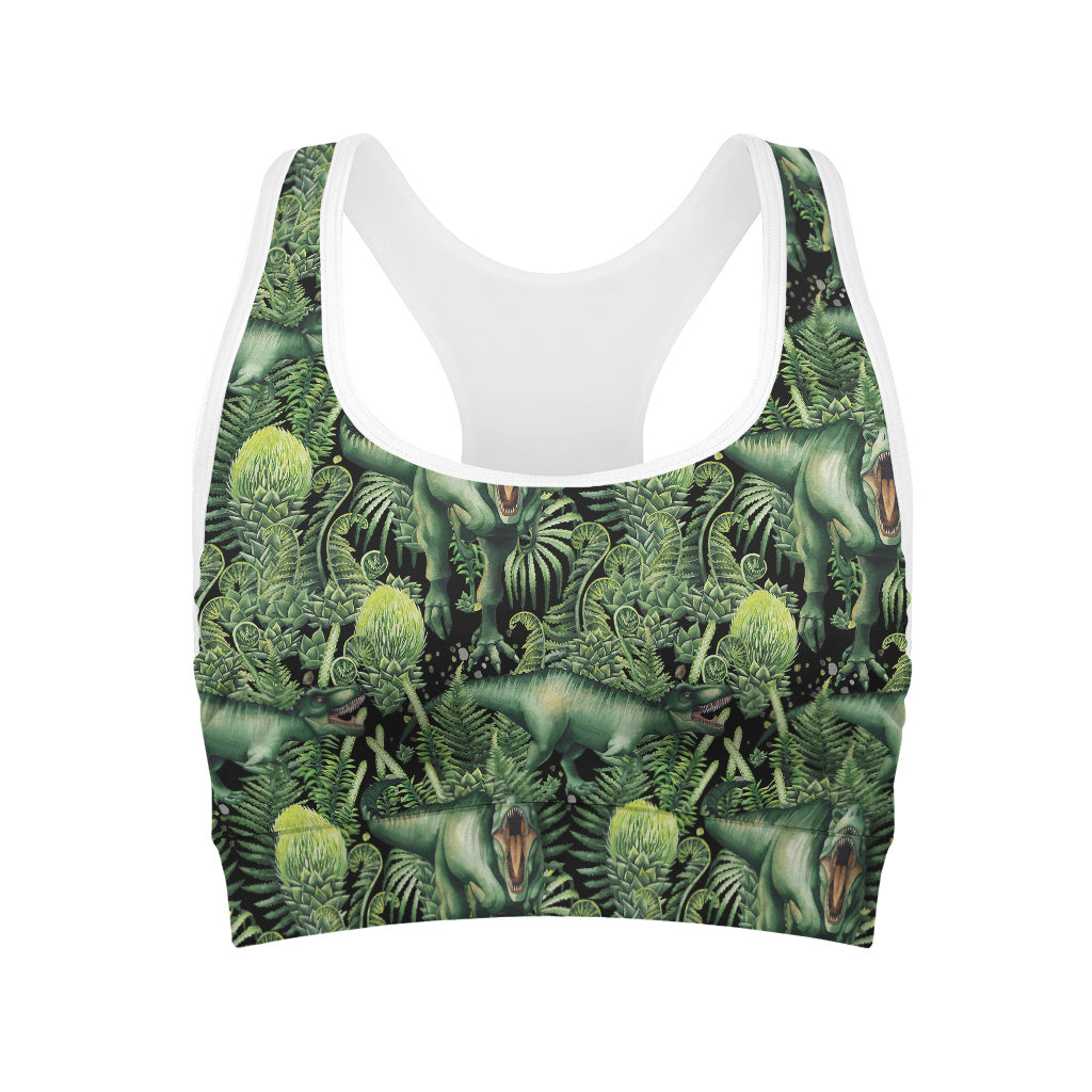 T-Rex Dinosaur And Jurassic Plants Print Women's Sports Bra
