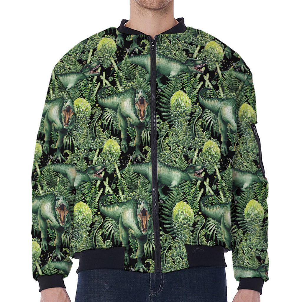 T-Rex Dinosaur And Jurassic Plants Print Zip Sleeve Bomber Jacket