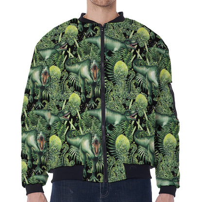T-Rex Dinosaur And Jurassic Plants Print Zip Sleeve Bomber Jacket