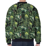 T-Rex Dinosaur And Jurassic Plants Print Zip Sleeve Bomber Jacket