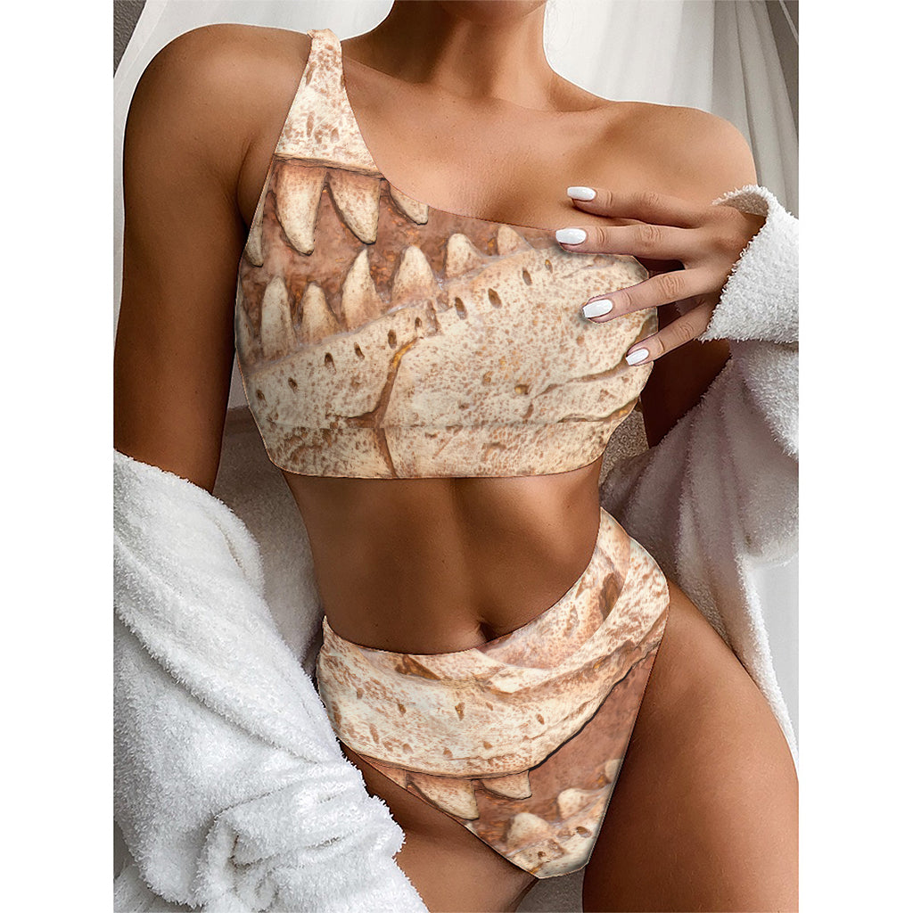 T-Rex Fossil Print One Shoulder Bikini Top
