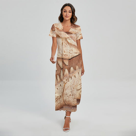 T-Rex Fossil Print Short Sleeve Maxi Dress