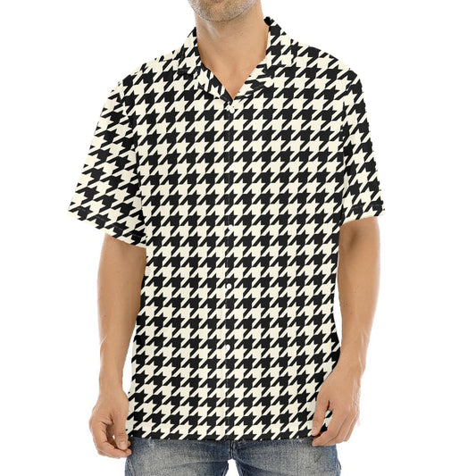 Tan And Black Houndstooth Pattern Print Aloha Shirt