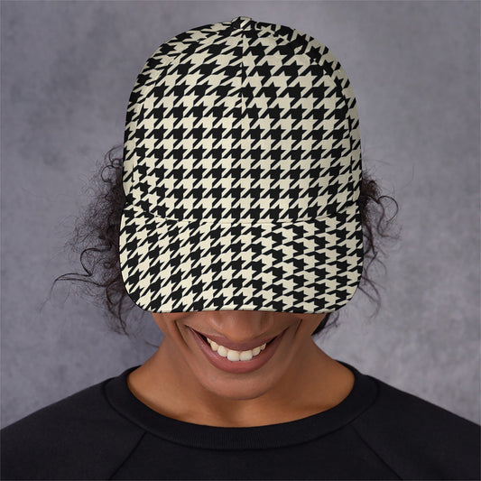 Tan And Black Houndstooth Pattern Print Baseball Cap