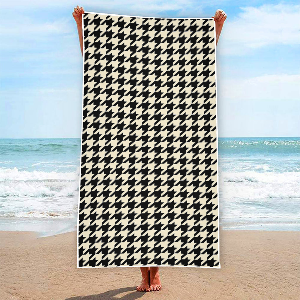 Tan And Black Houndstooth Pattern Print Beach Towel