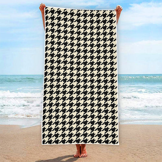 Tan And Black Houndstooth Pattern Print Beach Towel