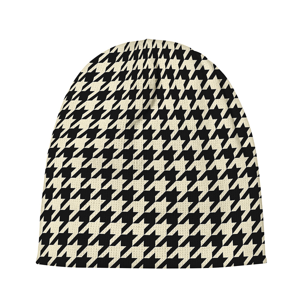 Tan And Black Houndstooth Pattern Print Beanie