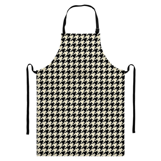 Tan And Black Houndstooth Pattern Print Bib Apron With Pocket