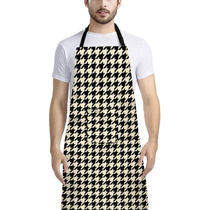 Tan And Black Houndstooth Pattern Print Bib Apron With Pocket