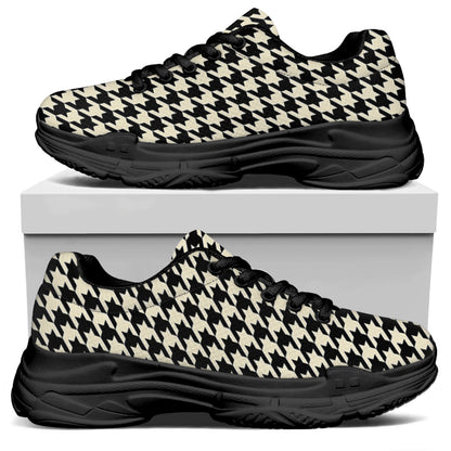 Tan And Black Houndstooth Pattern Print Black Chunky Shoes