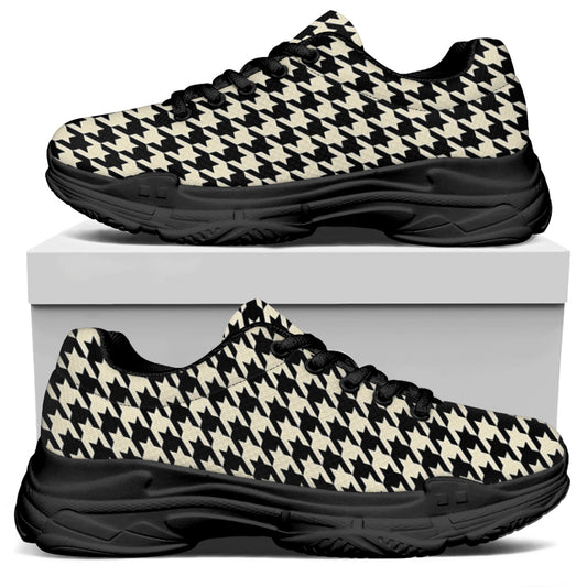 Tan And Black Houndstooth Pattern Print Black Chunky Shoes