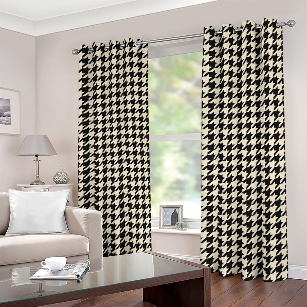 Tan And Black Houndstooth Pattern Print Blackout Grommet Curtains