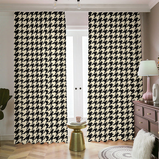 Tan And Black Houndstooth Pattern Print Blackout Pencil Pleat Curtains