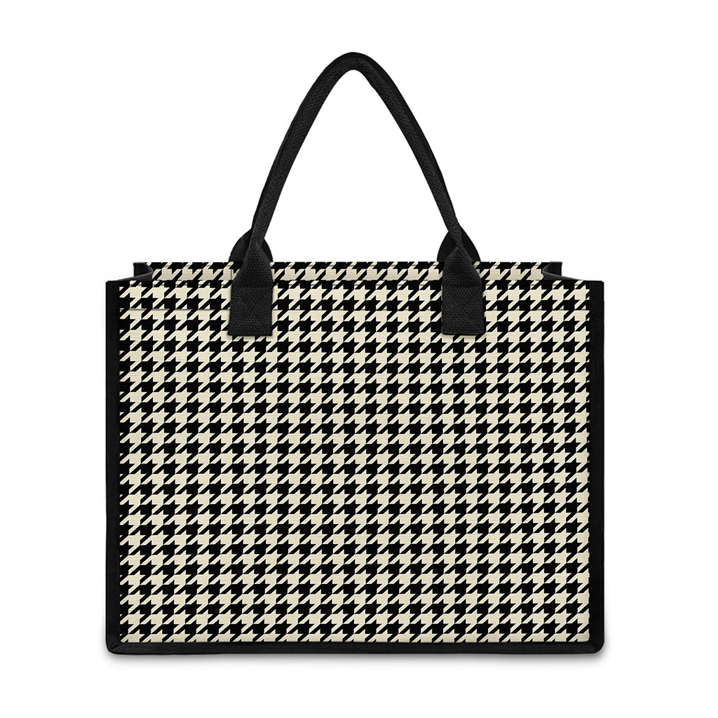 Tan And Black Houndstooth Pattern Print Canvas Tote Bag