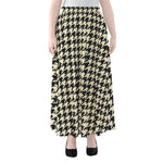 Tan And Black Houndstooth Pattern Print Chiffon Maxi Skirt