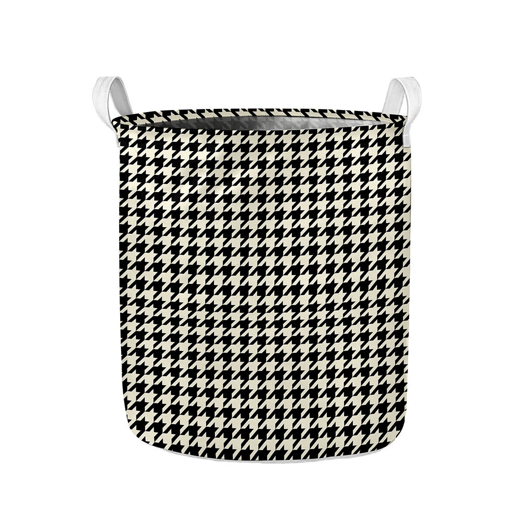 Tan And Black Houndstooth Pattern Print Collapsible Laundry Basket