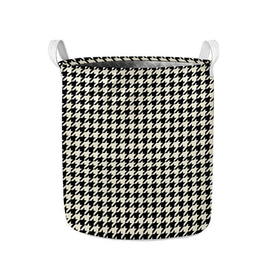 Tan And Black Houndstooth Pattern Print Collapsible Laundry Basket