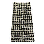 Tan And Black Houndstooth Pattern Print Cotton Front Slit Maxi Skirt