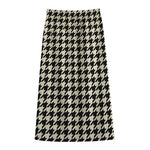 Tan And Black Houndstooth Pattern Print Cotton Front Slit Maxi Skirt